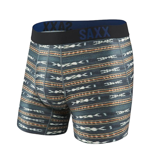 Patterned boxer briefs with SAXX branding on a white background