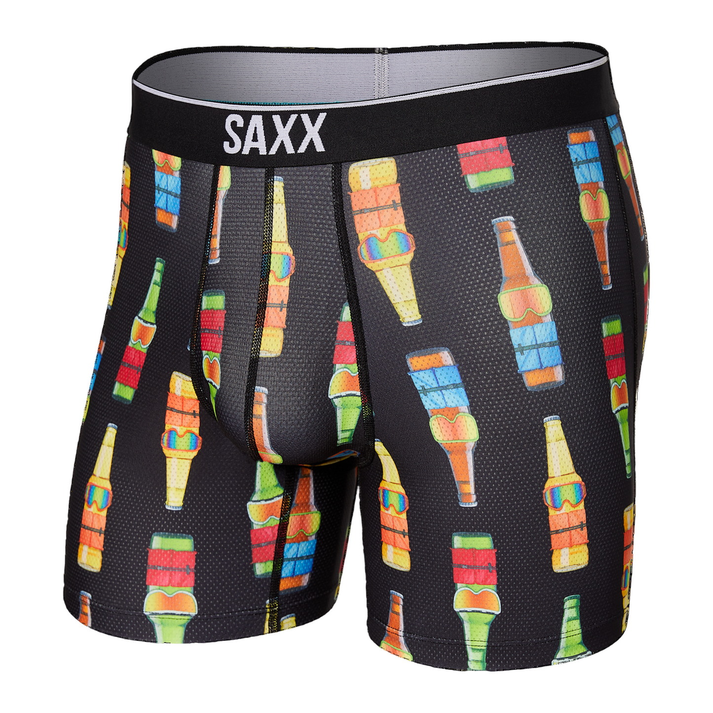 Black boxer briefs with colorful bottle pattern and SAXX branding on a white background