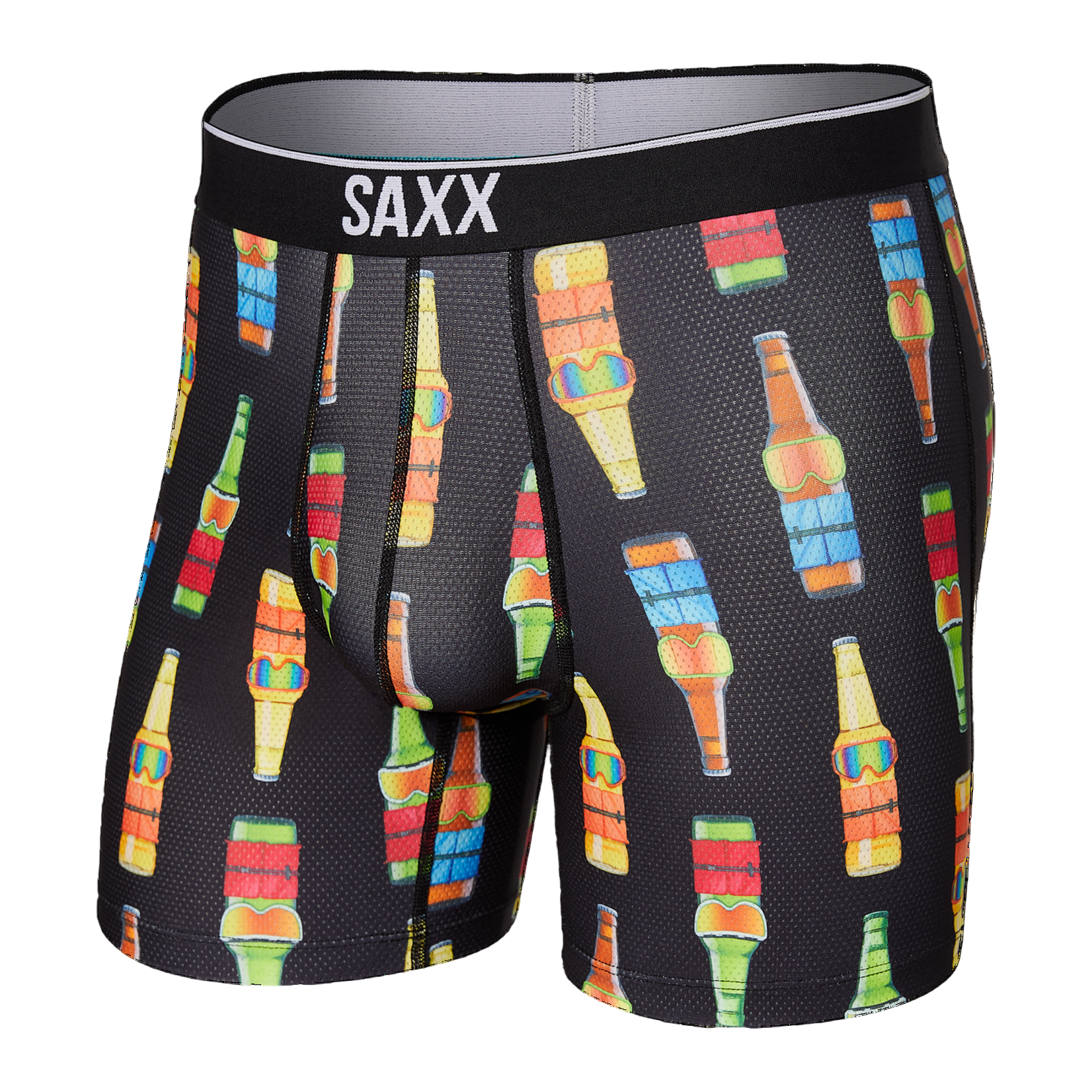 Black boxer briefs with colorful bottle pattern and SAXX branding on a white background