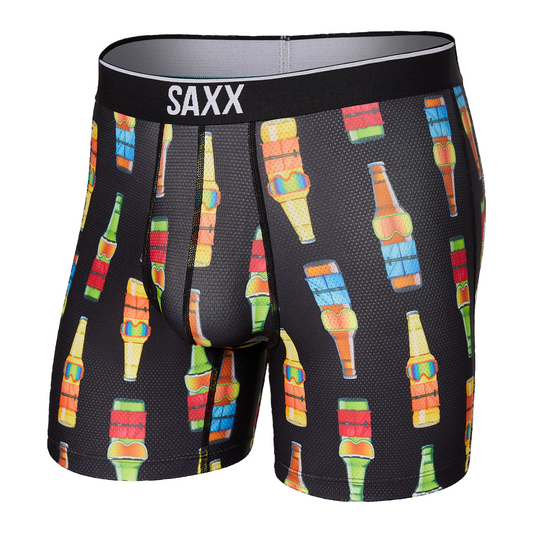 Black boxer briefs with colorful bottle pattern and SAXX branding on a white background