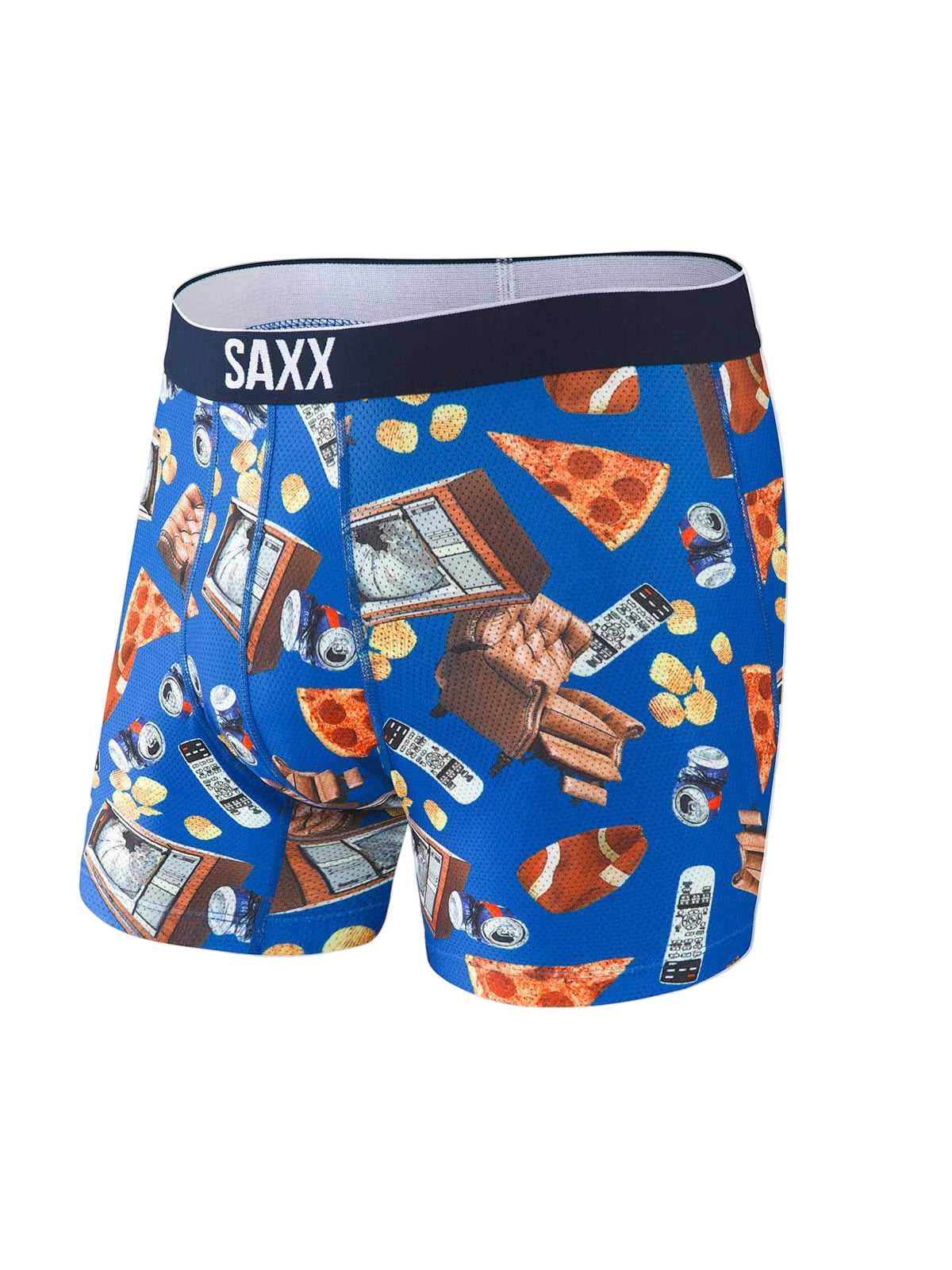 Blue boxer briefs with food-themed pattern and Saxx branding on a white background