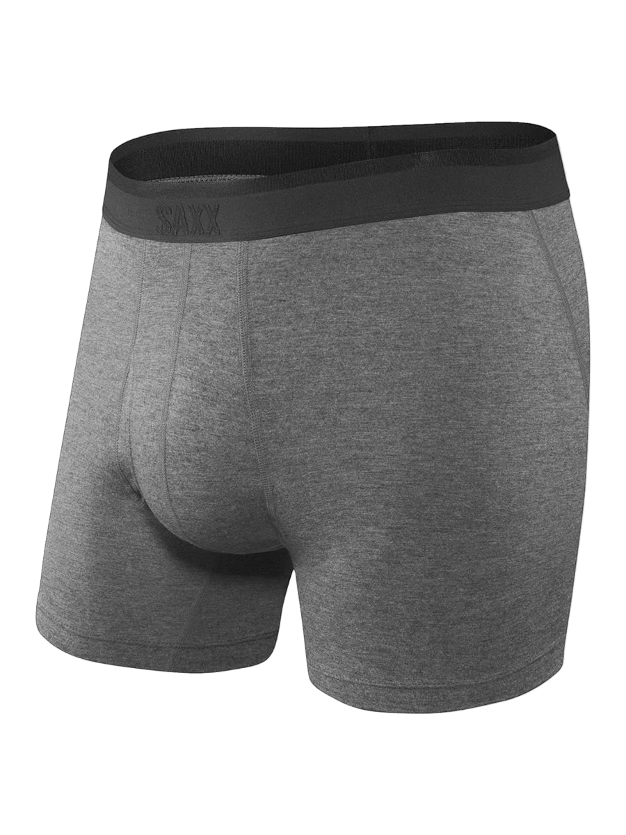 Gray boxer briefs with black waistband on a white background