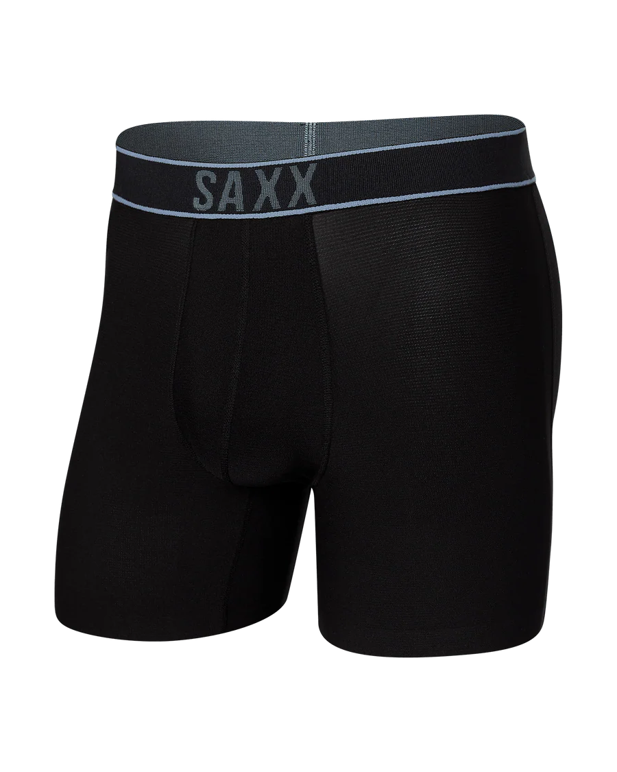 Black swim briefs with a SAXX waistband on a white background