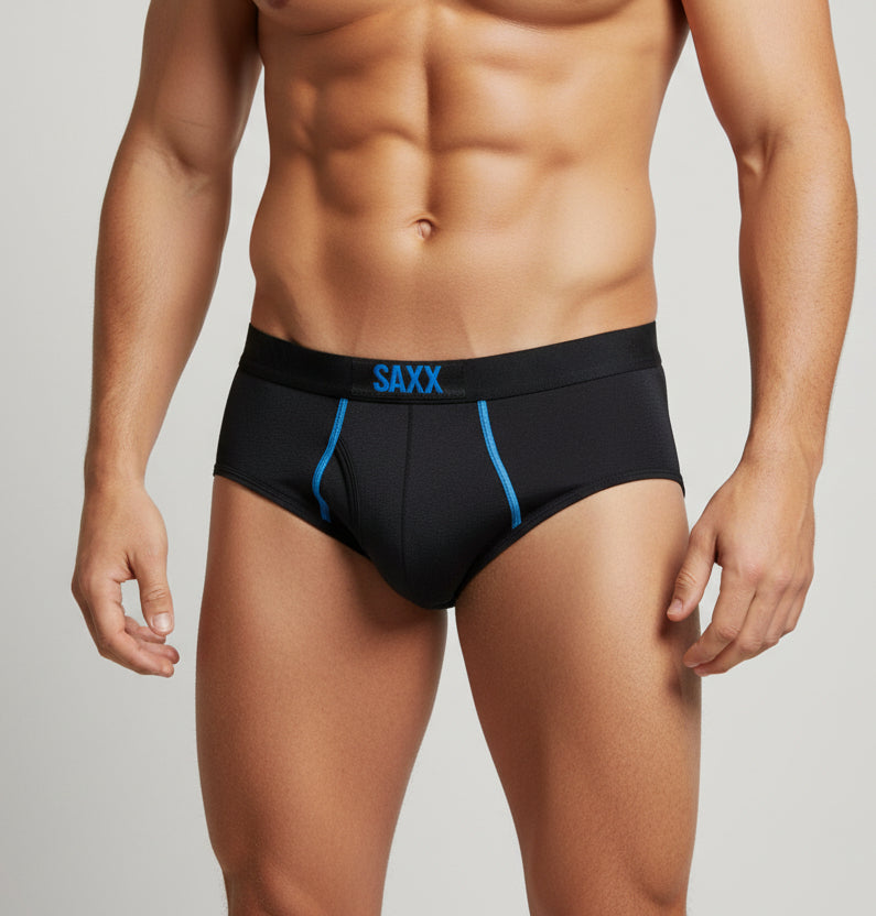 Black men's underwear with blue accents on a white background