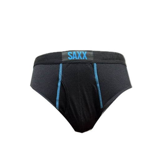 Black men's underwear with blue accents on a white background