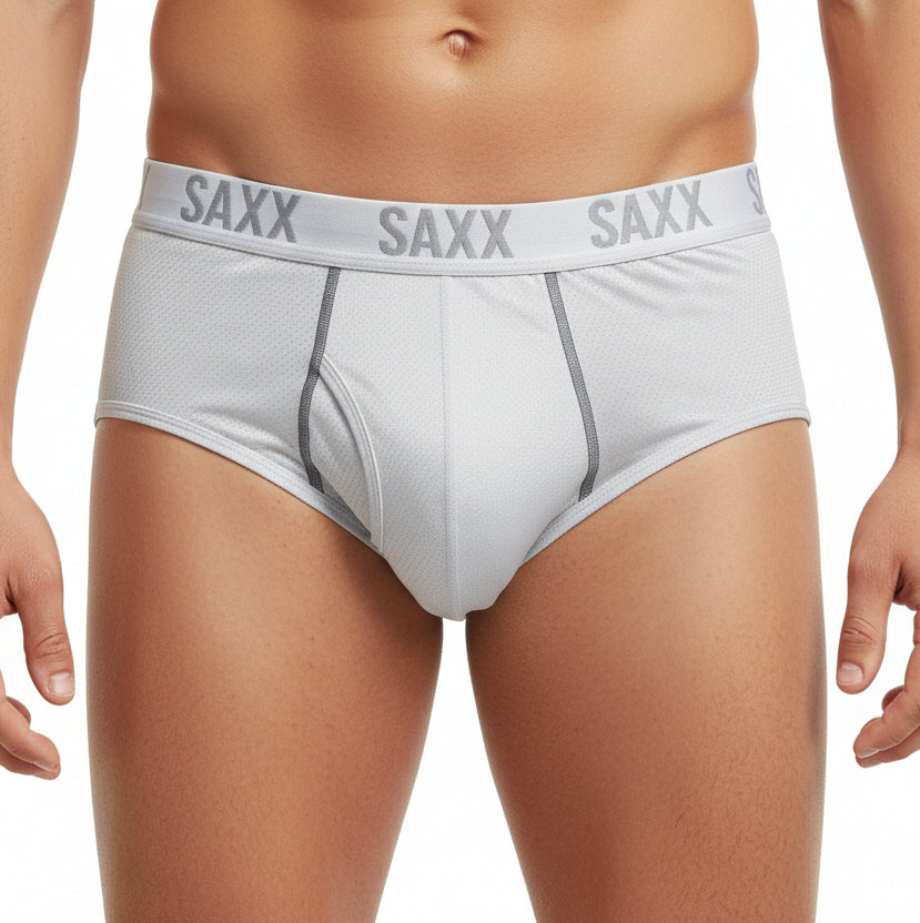 Gray SAXX underwear on a white background