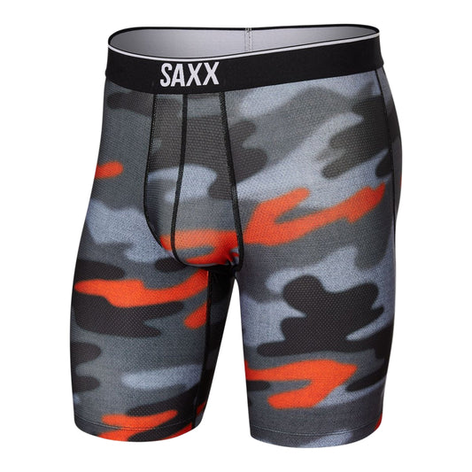 Camouflage-patterned boxer briefs with SAXX branding on a white background