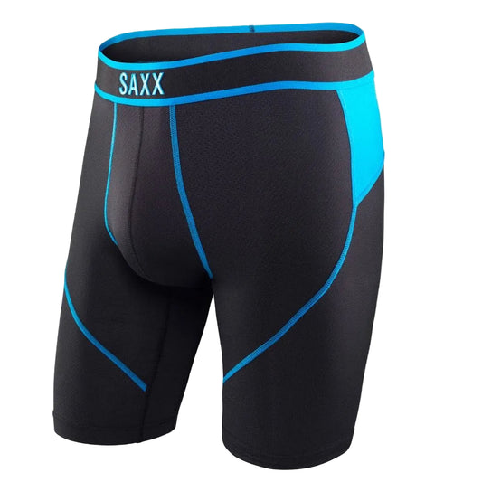 Black long leg breifs with blue accents and Saxx branding on a white background