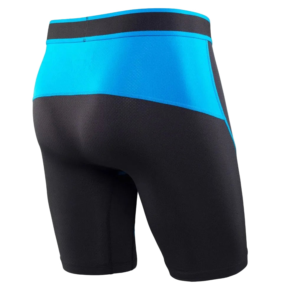 Black and blue SAXXbriefs on a white background
