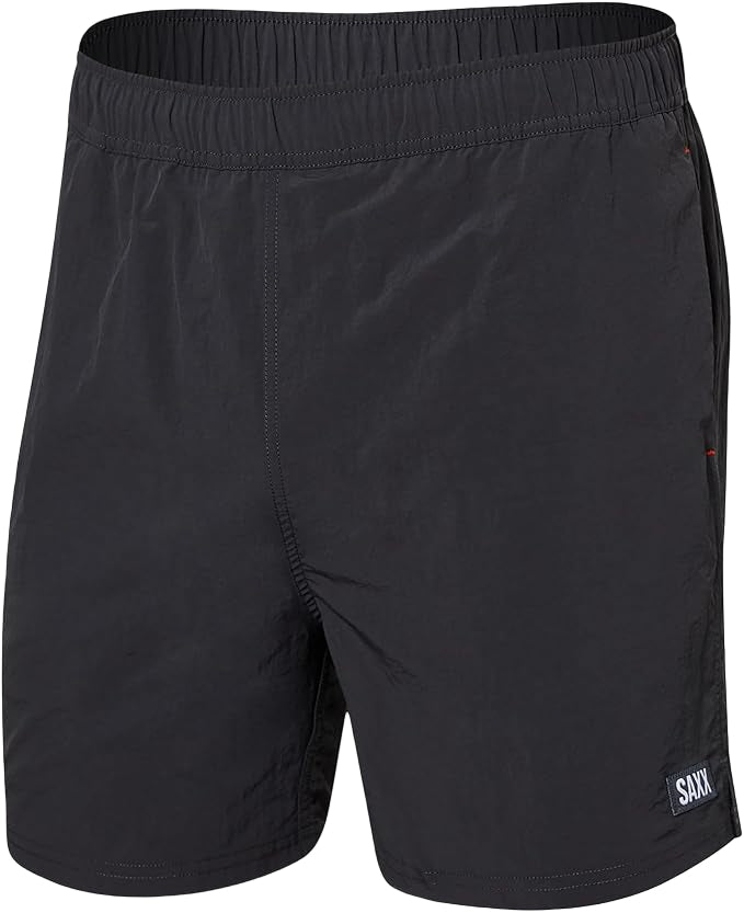 Black shorts with a brand logo on a white background