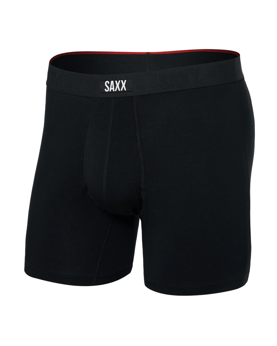 Black boxer briefs with a red waistband on a white background