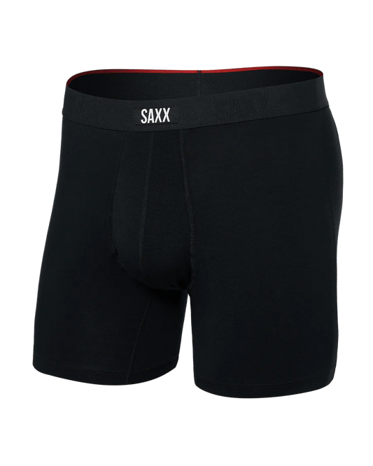 Black boxer briefs with a red waistband on a white background