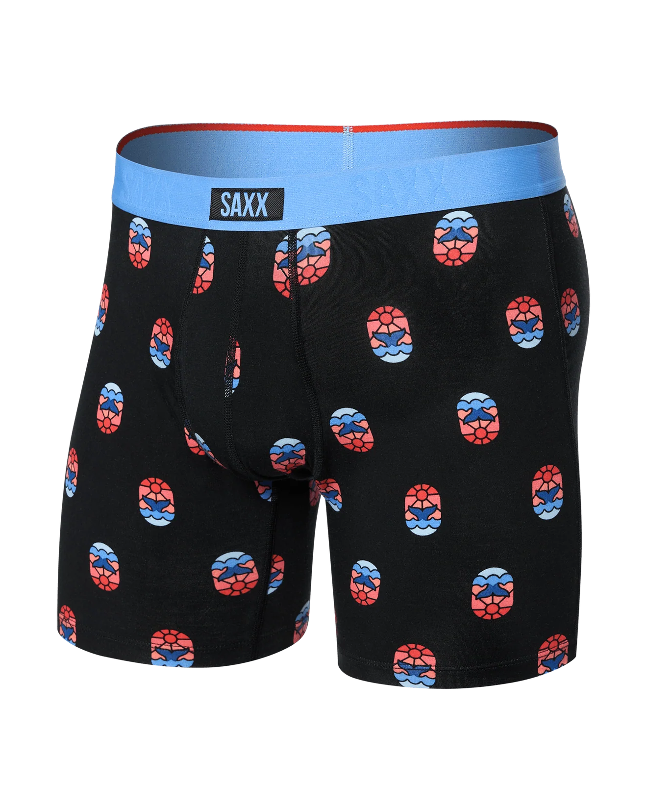 Black boxer briefs with colorful pattern and blue waistband on a white background