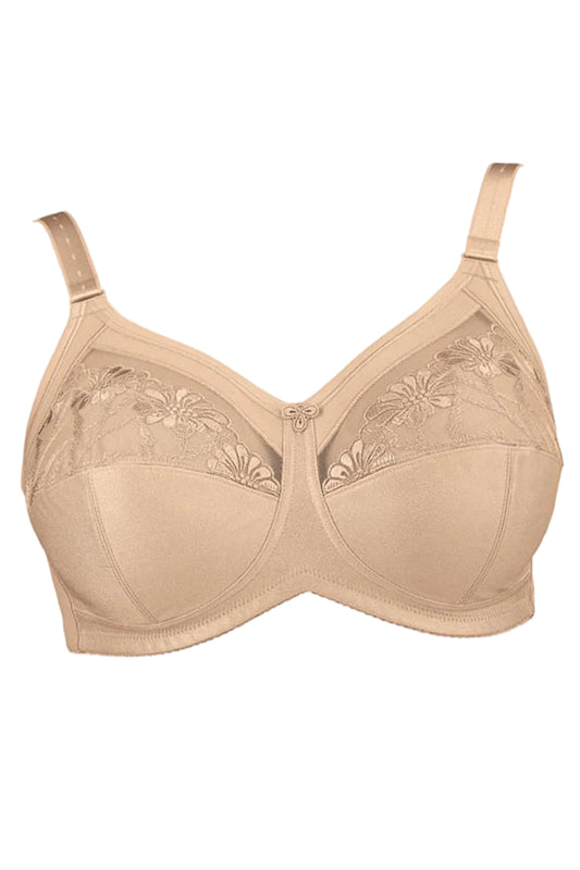 Beige bra with floral lace details on a white background