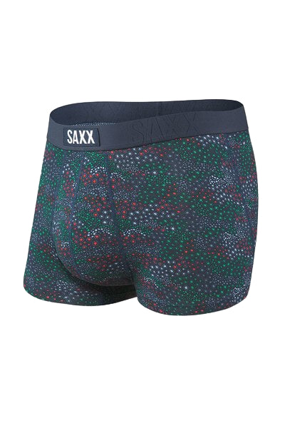 Patterned boxer briefs with SAXX branding on a white background