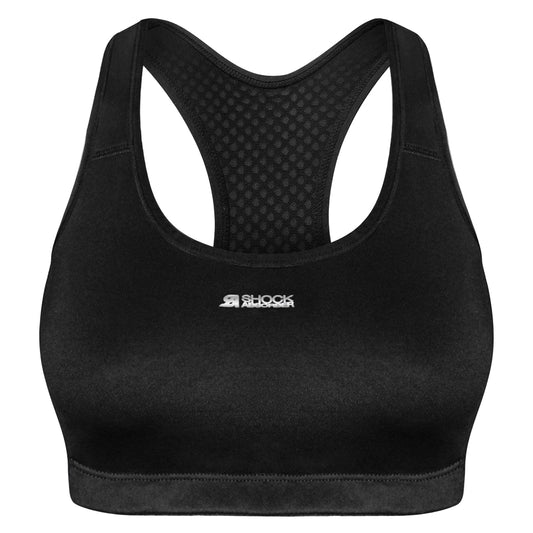 Black sports bra with a brand logo on a white background