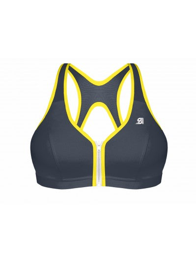 Black sports bra with yellow accents on a white background
