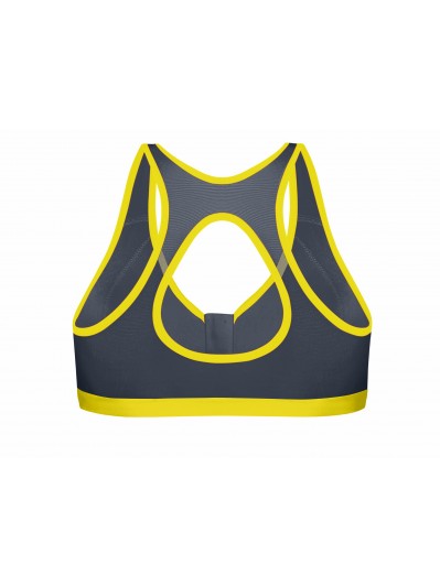 Gray sports bra with yellow accents on a white background