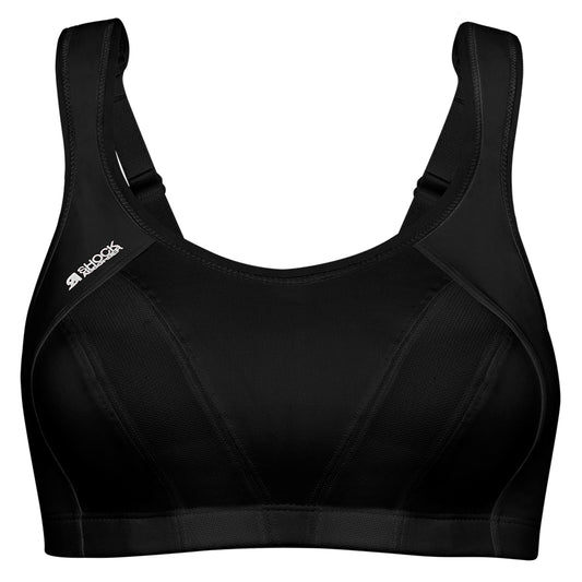 Black sports bra with a visible brand logo on a white background