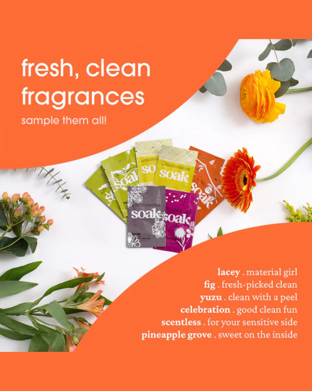 Packaging of 'soak' products with flowers on a white background