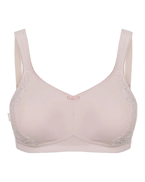 Light pink bra with lace trim on a white background