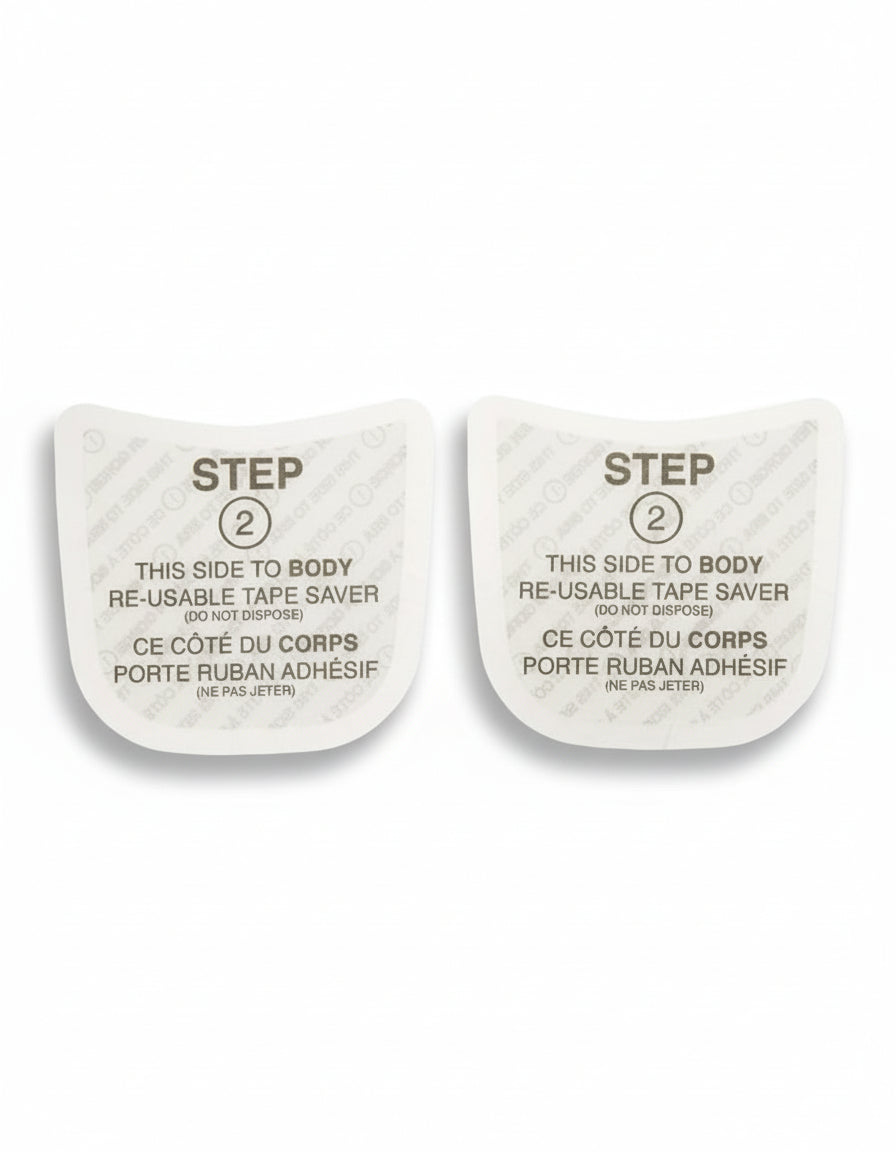 Two white adhesive tape savers with text on a white background