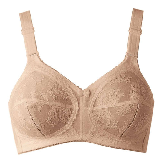 Beige bra with lace detailing on a white background