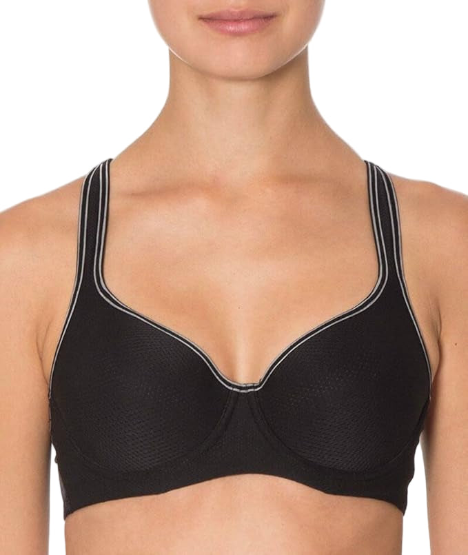 Black bra with white trim worn by a model on a white background