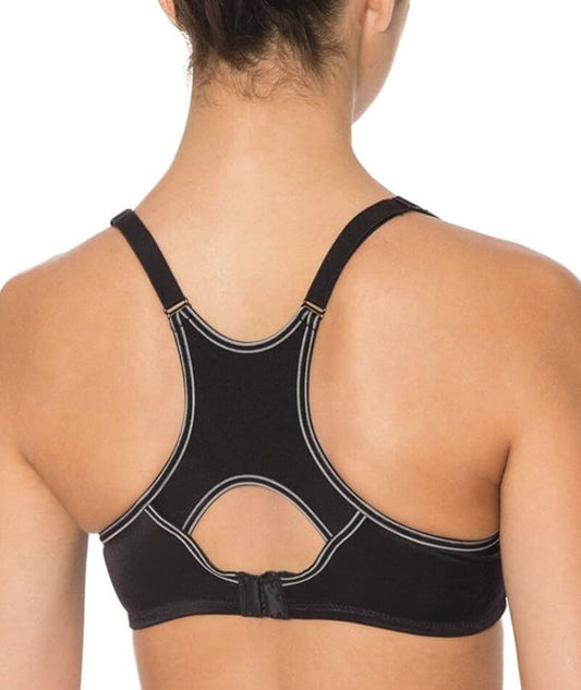 Black sports bra with cut-out design on a white background