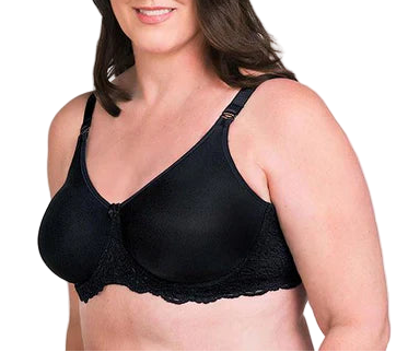 Woman wearing a black bra against a plain background