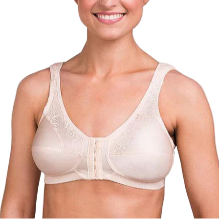 Woman wearing a beige bra against a plain background