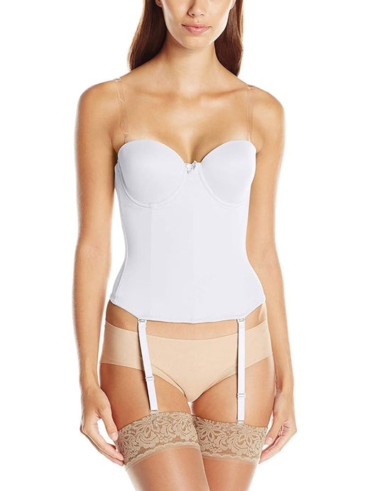 Woman wearing a white strapless top and beige underwear on a white background