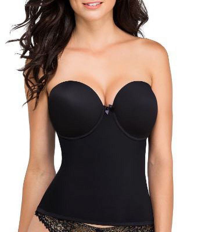 Black strapless top worn by a model on a white background