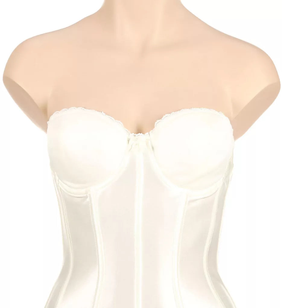 White strapless dress on a mannequin with a plain background