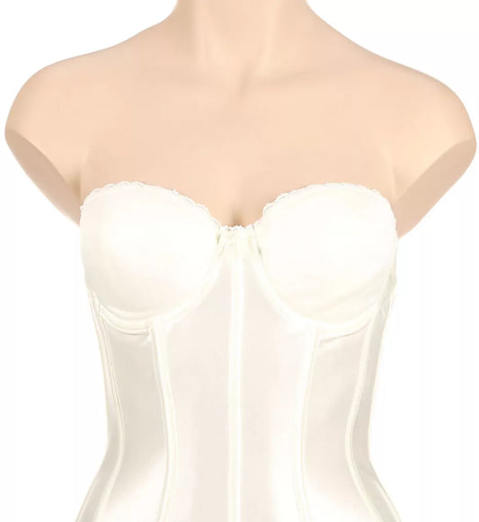 White strapless dress on a mannequin with a plain background
