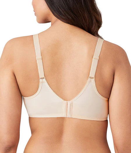 Beige bra worn by a model on a white background