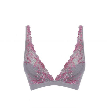 Lace bra and panties set with pink floral patterns on a white background
