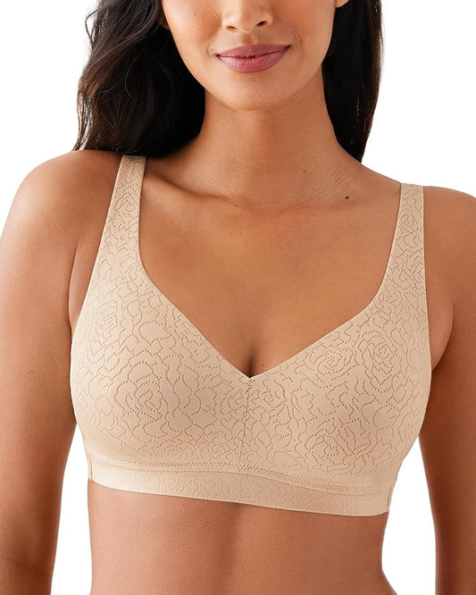 Beige lace bra on a model against a white background