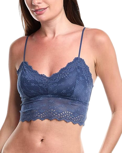 Navy blue lace bralette worn by a model on a white background