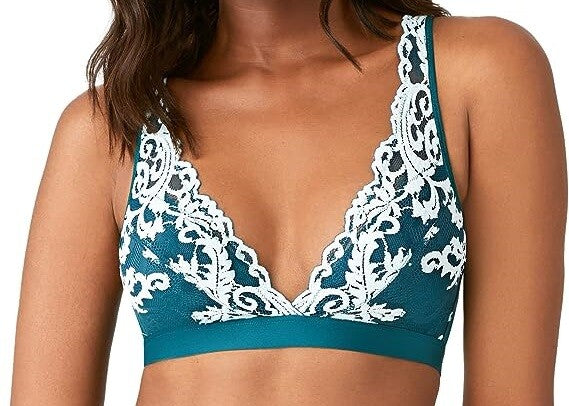 Teal bra with white lace detailing on a white background
