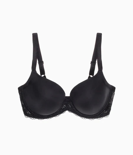 Black bra with lace details on a white background