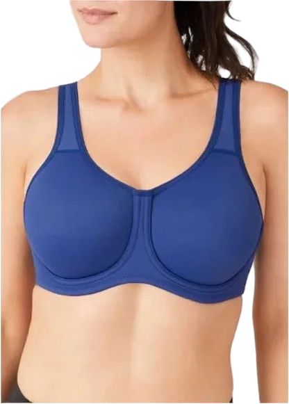 Blue bra worn by a person on a white background
