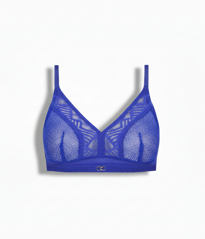 Blue lace bra on a white background