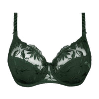 Green bra with lace details on a white background