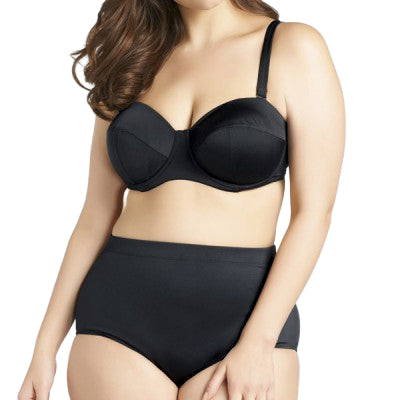 Black bikini set worn by a model on a white background