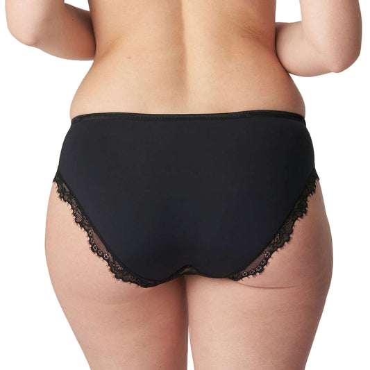 Black lace-trimmed underwear on a white background