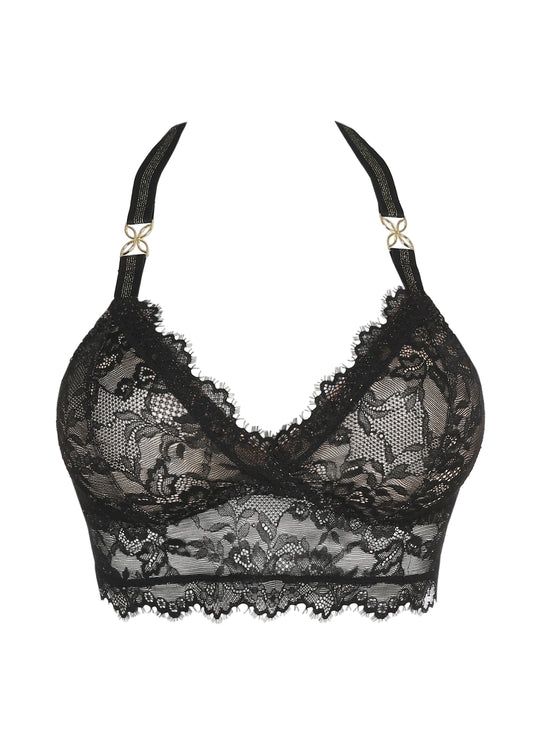 Black lace bra on a white background