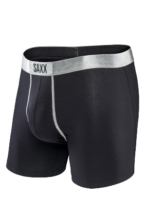 Black SAXX boxer briefs with a silver waistband on a white background
