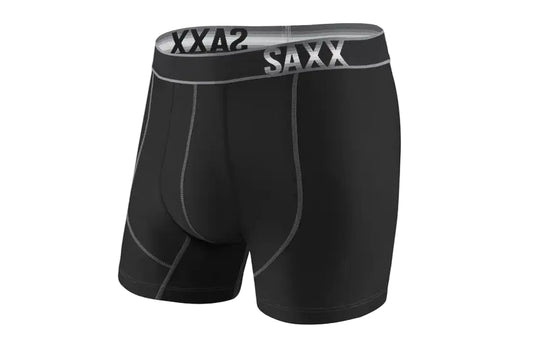 Black boxer briefs with 'SAXX' branding on a white background