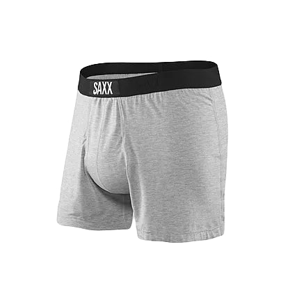 Gray boxer briefs with a black waistband featuring 'SAXX' branding on a white background.
